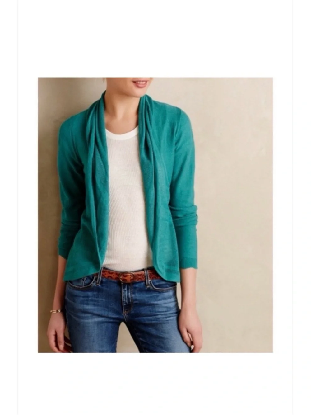 Angel Of The North Brushed-Horizon Open-Front Teal Cardigan Sweater - Picture 8 of 15
